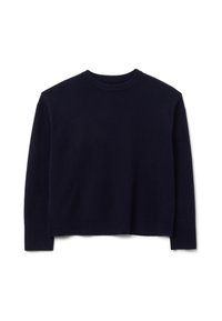 Maglione lavorato a maglia blu navy con scollo rotondo a coste, maniche lunghe e orlo corto; texture morbida con nessun motivo visibile.