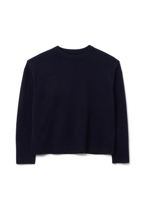 Maglione lavorato a maglia blu navy con scollo rotondo a coste, maniche lunghe e orlo corto; texture morbida con nessun motivo visibile.