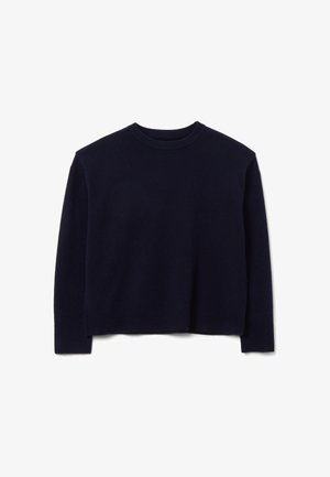 Maglione lavorato a maglia blu navy con scollo rotondo a coste, maniche lunghe e orlo corto; texture morbida con nessun motivo visibile.