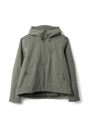 Chaqueta con capucha de color verde oliva con cremallera frontal completa, dos bolsillos laterales con cremallera y un pequeño logo en el pecho.