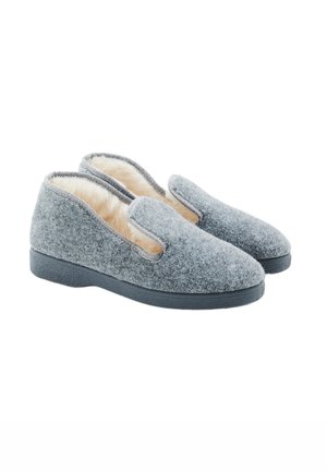 Gray wool slippers with a soft, fuzzy interior. Slip-on design with a rounded toe and a textured rubber sole for grip.