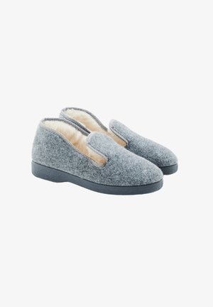 Gray wool slippers with a soft, fuzzy interior. Slip-on design with a rounded toe and a textured rubber sole for grip.