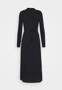 Svart långärmad klänning med knäppning framtill, mandarin-krage och knytbart midjebälte. Tillverkad av lätt material har den en luftig siluett.