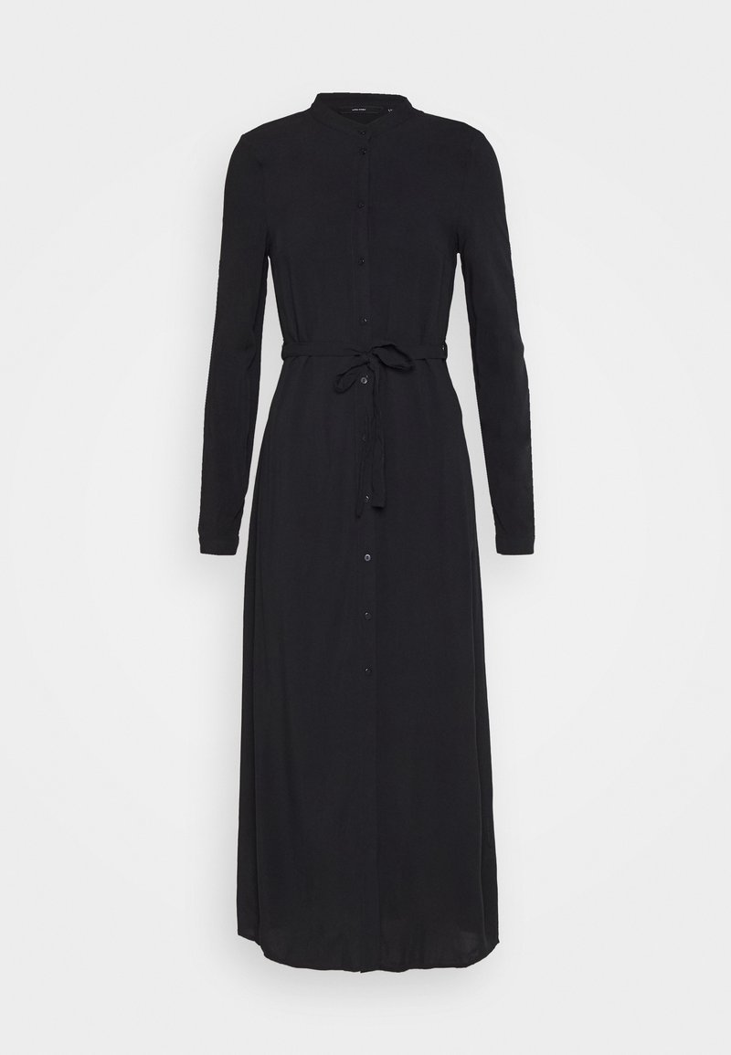 Mustaan pitkähihaisen mekon, jossa on napitettava etuosa, mandariinikaulus ja sidottava vyötärövyö. Kevyestä kankaasta valmistettu, mekolla on letuisa siluetti.