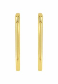 Pendientes de aro dorados con una superficie lisa y pulida, y un diseño delgado y alargado. Presentan un sutil detalle de surcos a lo largo de los bordes.