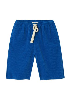 Zilas kordurojas šorti ar elastīgu jostasvietu un krēmkrāsas auklu. Raksturīga vertikāla ribota tekstūra un taisns griezums, ceļa garuma dizains.