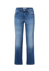 Light blue denim jeans with a straight leg, subtle fading, five-pocket design, and contrasting stitching. Features metal hardware at front.
