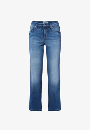 Hellblaue Jeans aus Denim mit geradem Bein, subtiler Verblassung, Fünf-Taschen-Design und kontrastierenden Nähten. Verfügt über metallische Hardware an der Vorderseite.