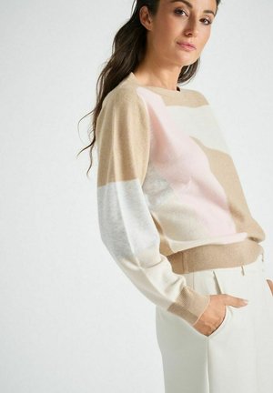 Beige, roze en witte trui met blokpatroon van zacht gebreid materiaal. Ronde halslijn en ribgebreide manchetten met een ontspannende pasvorm.