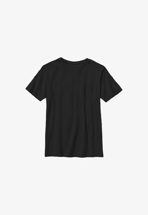 Czarny t-shirt z krótkim rękawem i okrągłym dekoltem, o prostym wzorze, na białym tle.