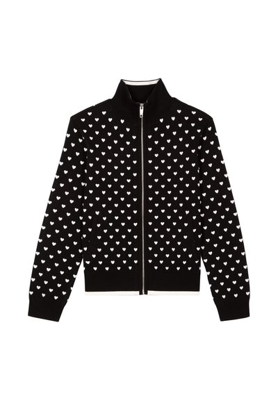 Cardigan noir à fermeture éclair avec un motif de petits cœurs blancs. Le tissu est texturé avec des poignets côtelés et un col montant.