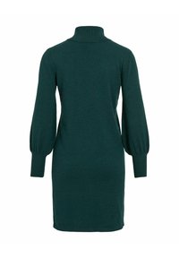 Vestido de punto con cuello alto, mangas abullonadas largas y puños acanalados. Color verde oscuro sólido, silueta ajustada. Textura suave.