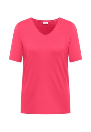 Jasně růžové dámské tričko s krátkým rukávem a výstřihem do V, s malou etiketu "CECIL" uvnitř límce, zobrazené na bílém pozadí.