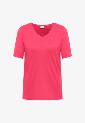 T-shirt pour femmes rose vif à manches courtes et col en V, avec une petite étiquette "CECIL" à l'intérieur du col, présenté sur un fond blanc.