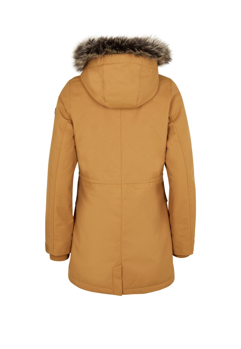 Chaqueta impermeable color caqui con capucha forrada de piel, mangas largas y cintura ajustada. Presenta una textura suave y un corte recto en el dobladillo.