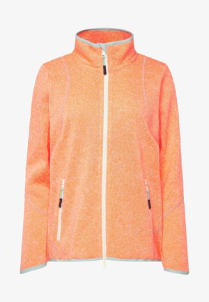 Lys orange zip-jakke med høj krave, struktureret stof og lysblå detaljer; har to sidelommer med lynlås og kontrastsyninger.