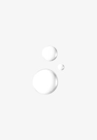 Three white, glossy liquid drops of varying sizes on a plain light gray background arranged diagonally.