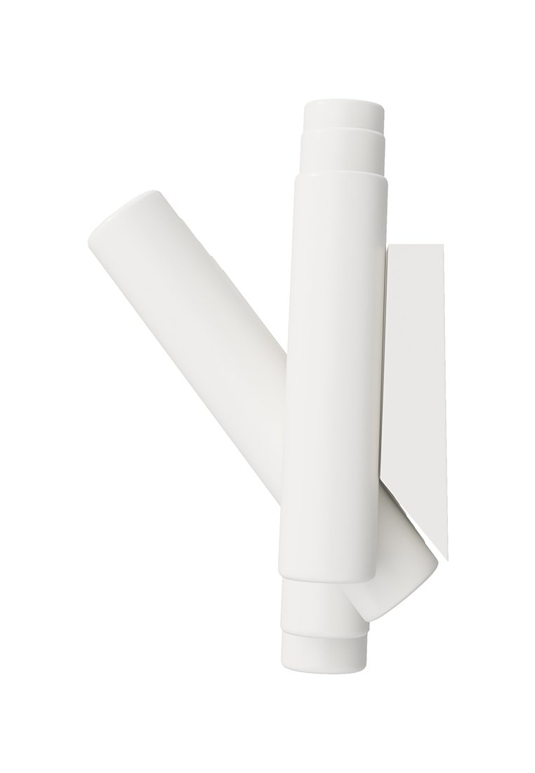 Oggetti cilindrici bianchi disposti in un layout diagonale dinamico, con superfici lisce e contorni sottili, accompagnati da un accento rettangolare piatto.