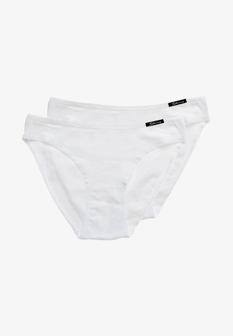 Two pairs of white cotton briefs with a smooth texture, low-rise design, and black logo accents on the waistband.