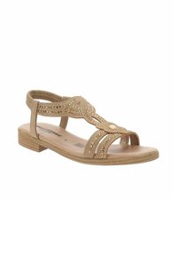 Sandal beige con una fascia decorativa con strass, design open toe e un tacco basso per stabilità. Fascia posteriore flessibile per comfort.