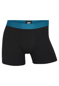 Svarta boxerkalsonger i mjukt tyg, med ett turkos elastiskt midjeband där "JBS UNDERWEAR" är präglat i matchande färg.