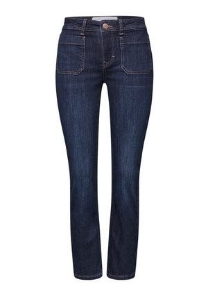 Granatowe, dopasowane jeansy ze smukłym krojem, z przodu zapinane na guzik i zamek błyskawiczny, posiadają szlufki na pasek oraz dwie naszywane kieszenie z przodu.