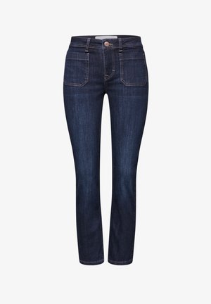 Jean slim bleu marine avec bouton frontal, fermeture éclair, passants pour ceinture et deux poches plaquées à l'avant.