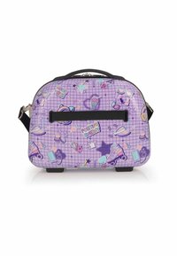 Borsa rigida viola con motivo a griglia, caratterizzata da varie grafiche colorate come pattini a rotelle, occhiali da sole e bevande. Accenti neri e manico.