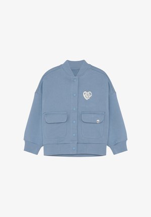 Felpa azzurro chiaro con collo tondo, chiusura frontale con bottoni e due grandi tasche. Presenta dettaglio ricamato "PEACE" sul petto. Materiale morbido.