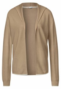 Beige stickad cardigan med öppen framsidan, långa ärmar och mjuk textur. Har en huva och ribbade manschetter.