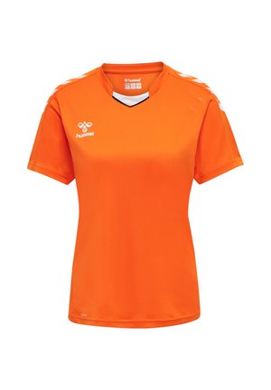 Fel oranje sportshirt met korte mouwen met wit hummel-logo op de borst en witte chevronstrepen op de schouders, V-hals met witte inzet.