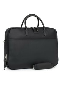 Zwarte laptoptas van gestructureerd nylon, met dubbele handvatten, ritsluiting en een afneembare schouderriem. Bevat subtiele branding.