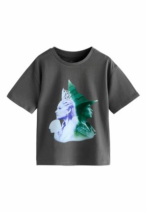 Graues Baumwoll-T-Shirt mit einem grafischen Druck von zwei Profilköpfen: einer mit einer Krone und der andere mit einer spitzen Mütze, in Blau- und Grüntönen.