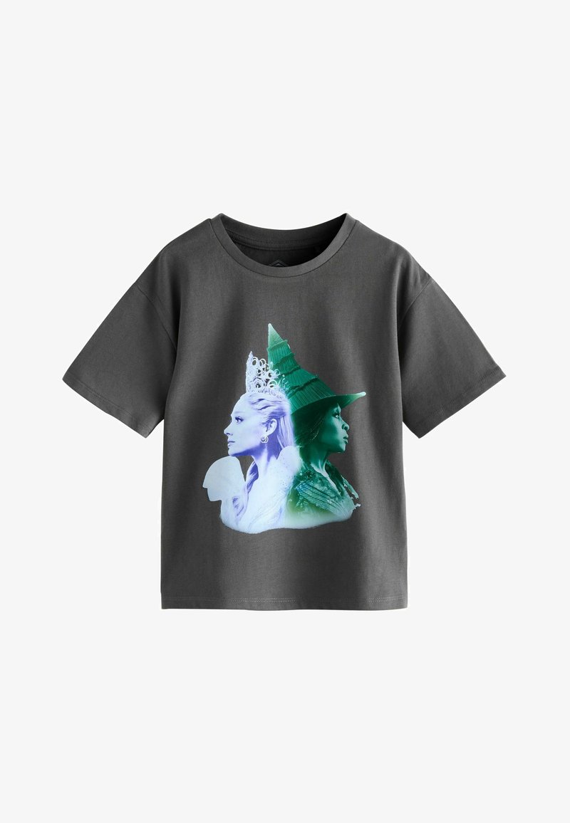 T-shirt en coton gris avec un motif graphique représentant deux profils : l'un portant une couronne et l'autre un chapeau pointu, dans des teintes de bleu et de vert.