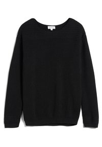 Czarny sweter z dzianiny o okrągłym dekolcie i długich rękawach. Posiada prążkowaną strukturę oraz detale na mankietach i dolnym wykończeniu.
