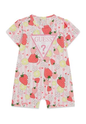 Kurzärmiger rosa Baby-Strampler mit Erdbeer-, Zitronen-, Blumen- und Herzmustern, mit einem rosa glitzernden Guess-Logo-Dreieck auf der Brust.