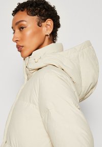 Doudoune de couleur beige clair, dotée d'un col montant et d'une grande capuche pliante. Texture lisse et brillante avec de subtils détails de couture.