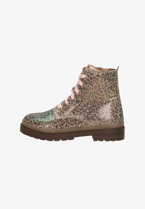 Leopard print ankle boots with a shiny, textured finish, featuring pink laces and a brown rubber sole. Height: mid-calf.