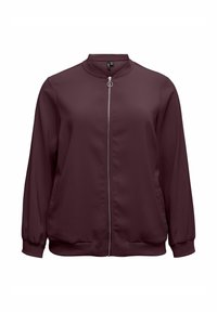 Burgunderfarbener Bomberjacke mit Reißverschluss aus glattem Stoff, runder Kragen, elastische Bündchen und einem zentralen Reißverschluss mit einem runden Zipper.