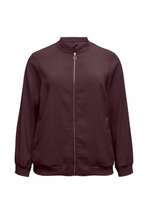 Veste bomber zippée bordeaux en tissu lisse, avec un col rond, des poignets élastiques et une fermeture éclair centrale avec un tirette circulaire.