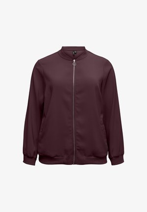 Bordeaux rits bomberjack gemaakt van gladde stof, met een ronde kraag, elastische manchetten en een centrale rits met een ronde trekker.