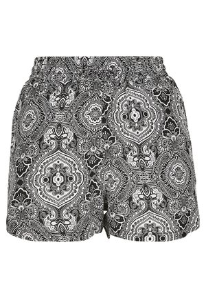 Svartvita mönstrade shorts med elastisk midja, med intrikata paisley- och blommönster. Lätt tyg och avslappnad passform.