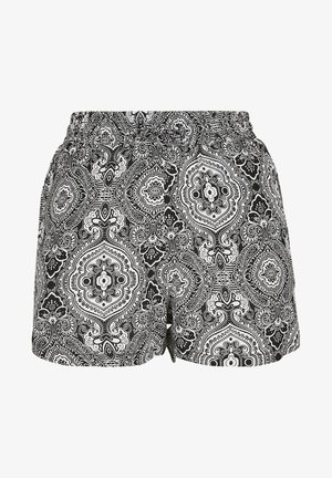 Pantaloni corti a righe bianchi e neri con una cintura elastica, caratterizzati da intricati motivi paisley e floreali. Tessuto leggero e vestibilità comoda.