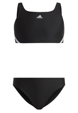 Zwarte twee-delige bikini met een sportbeha-top met een vierkante halslijn en witte accentstrepen, gecombineerd met basic bikini-broekjes.