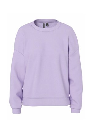 Liliowa bluza z okrągłym dekoltem, długimi rękawami, ściągaczami na mankietach i dole, prezentowana na białym tle.