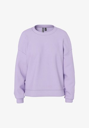 Lilla genser med rund hals, lange ermer, ribbestrikkede mansjetter og nederkant, vist mot en hvit bakgrunn.