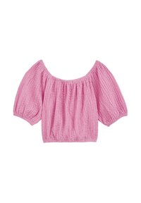 Cropped top rosa con spalle scoperte, maniche a sbuffo, tessuto testurizzato e scollatura e orlo elasticizzati per un fit rilassato.