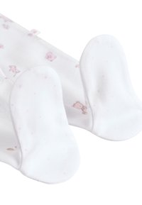 Body bébé blanc avec des accents rose clair et des motifs d'oursons. Tissu doux avec de petits pois. Manches et fermeture à boutons-pression au cou.