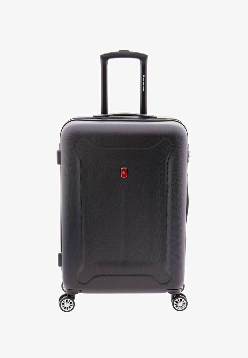 Schwarzer Hartschalenkoffer mit stromlinienförmigem Design, strukturiertem Oberflächenmaterial, ausziehbarem Griff und vier drehbaren Rollen für einfache Mobilität.