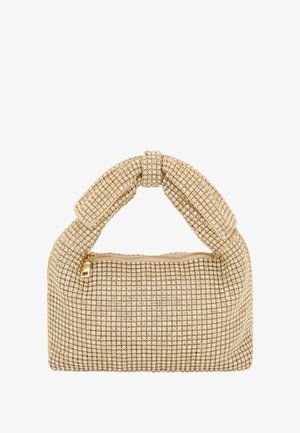 Sac à main de couleur dorée en tissu texturé avec une poignée nouée, doté d'une fermeture éclair et rehaussé de petits éléments réfléchissants.
